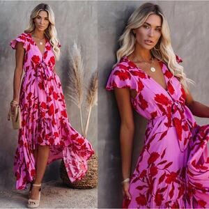 Vici Pink and Red Floral Midi Dress